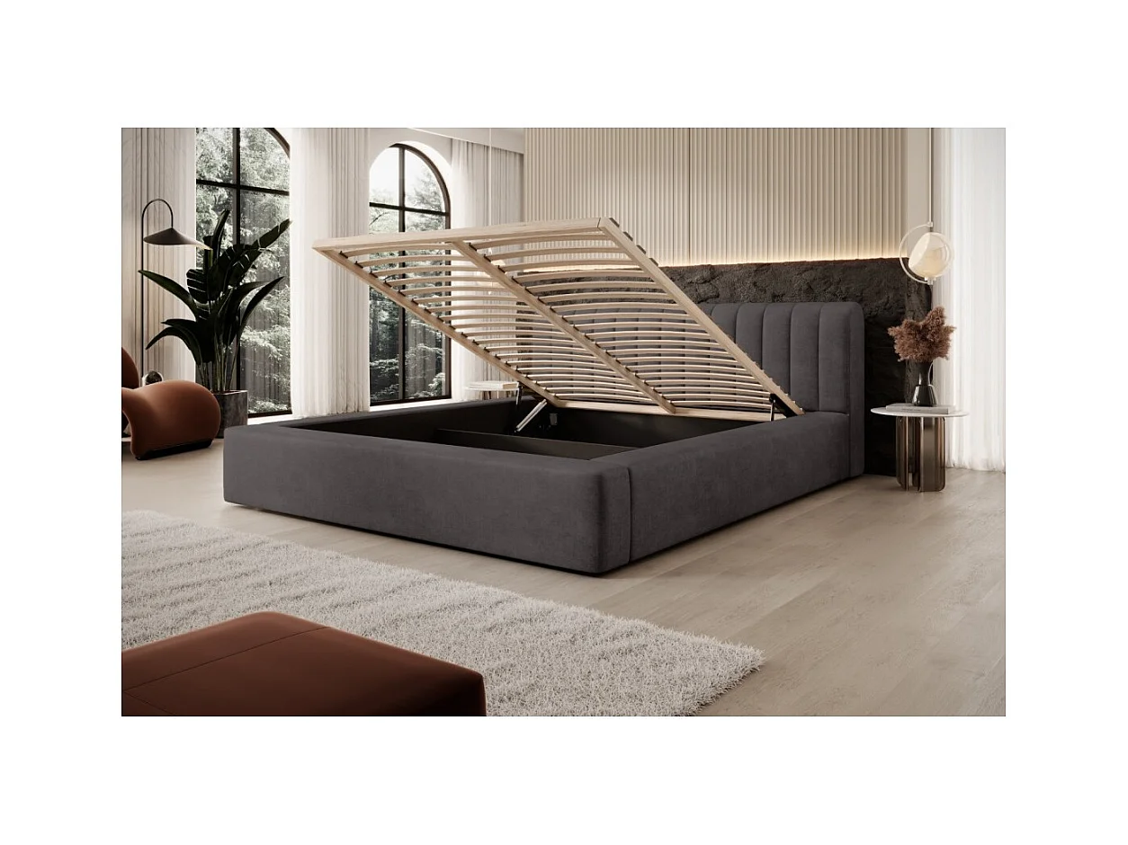 Lit coffre CERVIN – Velours doux Charbon minéral – 160x200 cm – Sommier relevable – Design contemporain