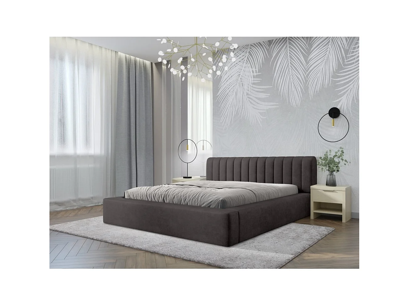 Lit coffre CERVIN – Velours doux Charbon minéral – 160x200 cm – Sommier relevable – Design contemporain