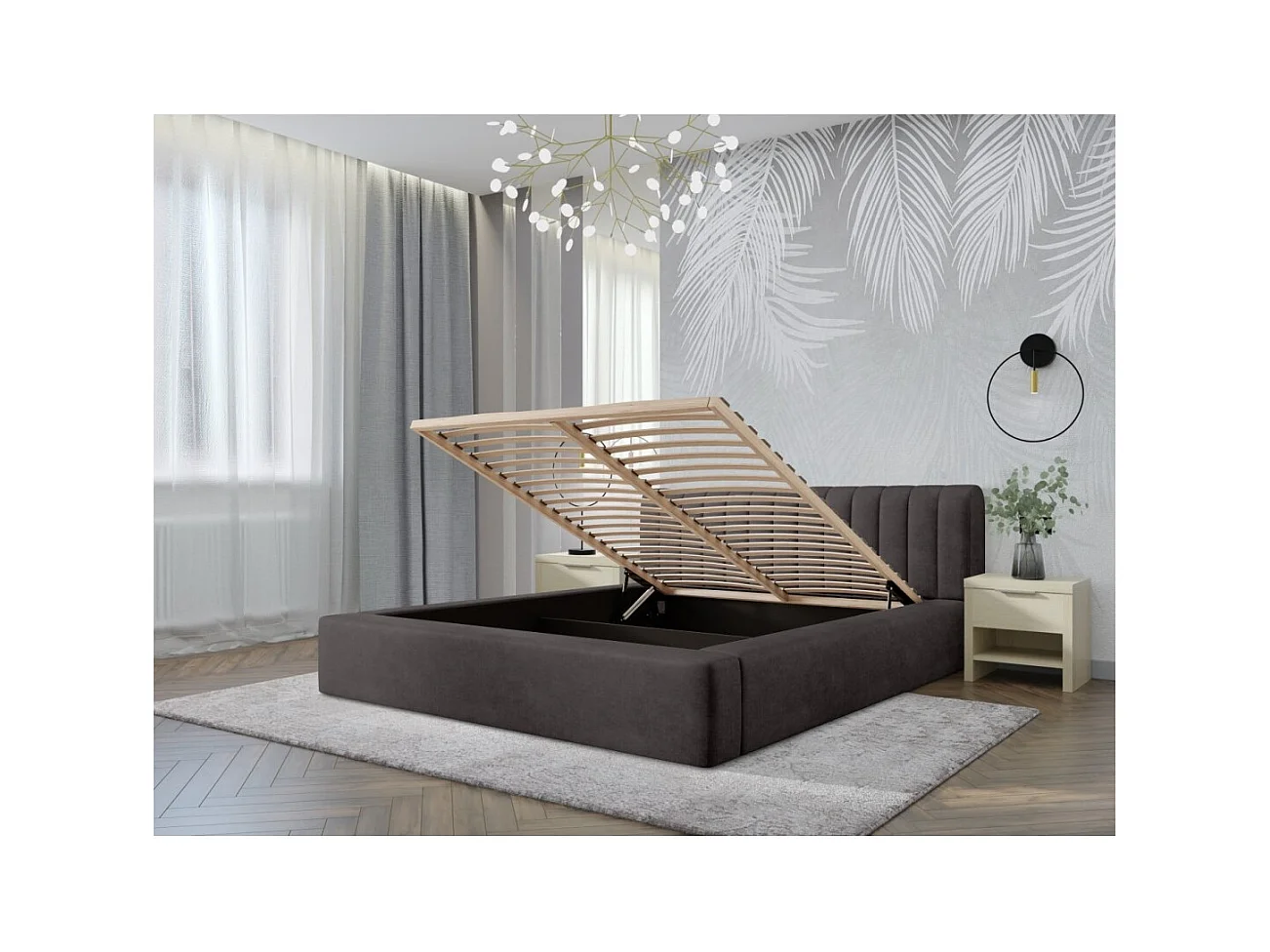 Lit coffre CERVIN – Velours doux Charbon minéral – 160x200 cm – Sommier relevable – Design contemporain