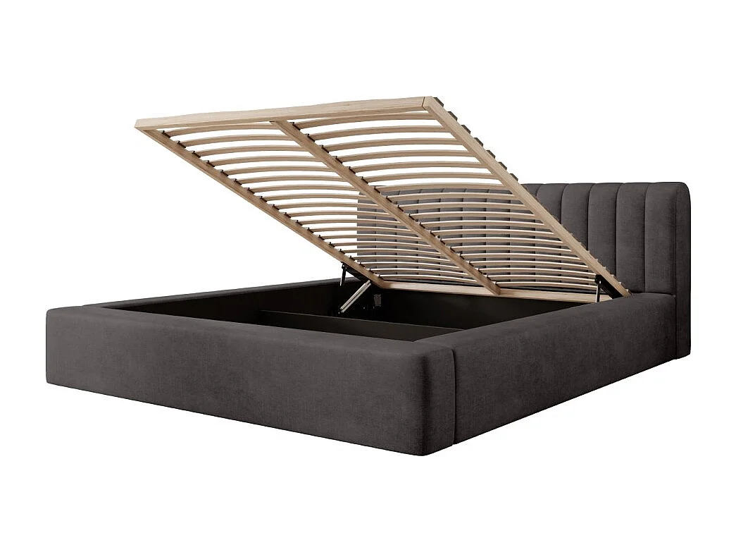 Cama baú CERVIN – Veludo macio Carvão mineral – 160x200 cm – Estrado elevatório – Design contemporâneo