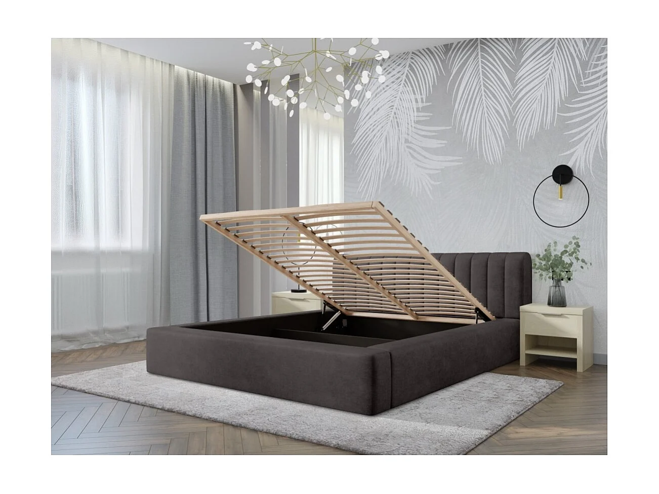 Cama baú CERVIN – Veludo macio Carvão mineral – 160x200 cm – Estrado elevatório – Design contemporâneo