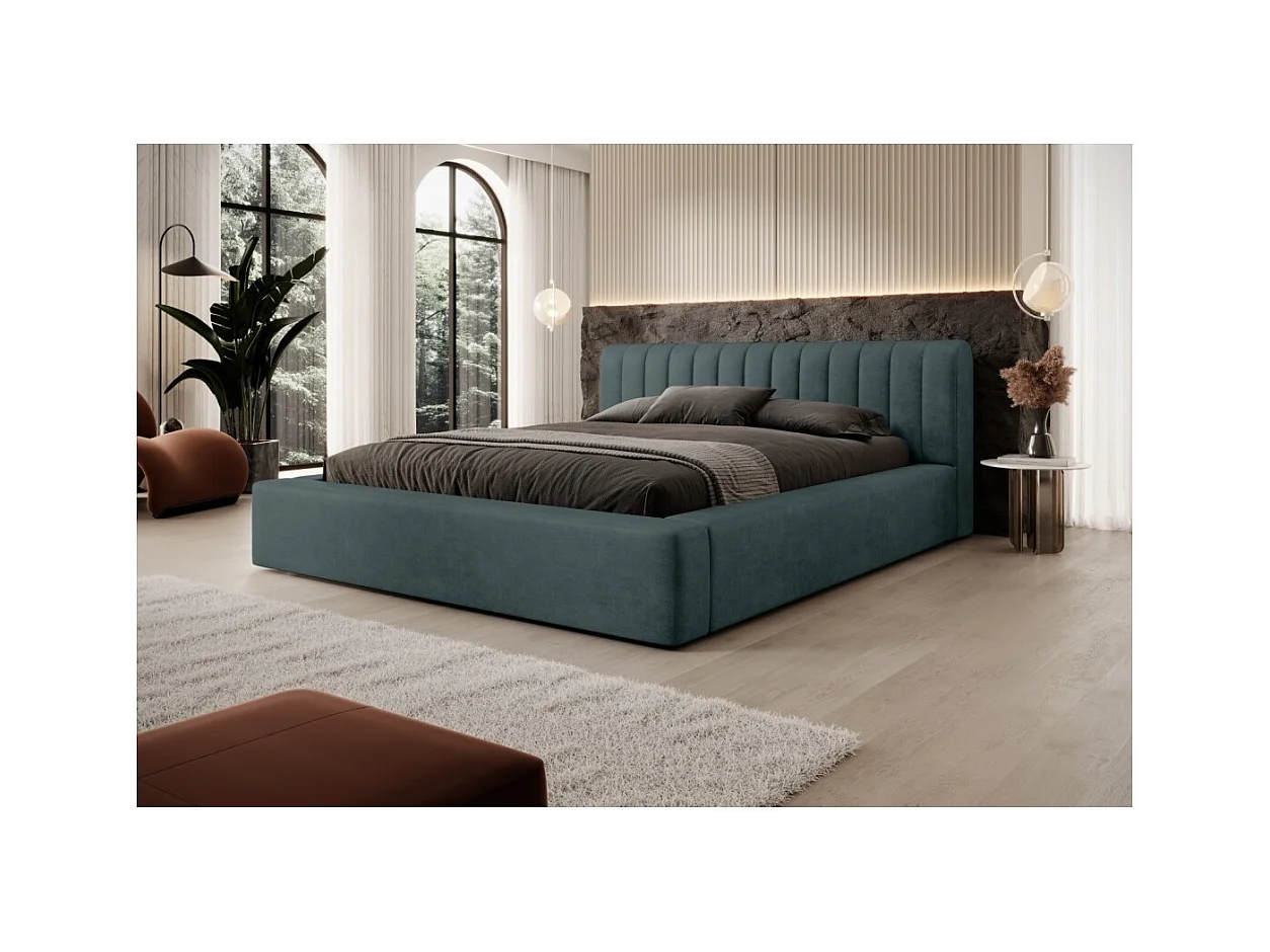 Cama baú CERVIN – Veludo suave Noite Esmeralda – 160x200 cm – Estrado elevatório – Design elegante