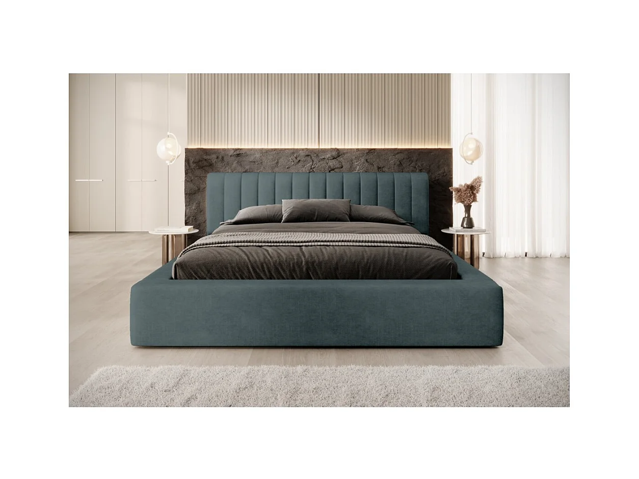 Cama baú CERVIN – Veludo suave Noite Esmeralda – 160x200 cm – Estrado elevatório – Design elegante