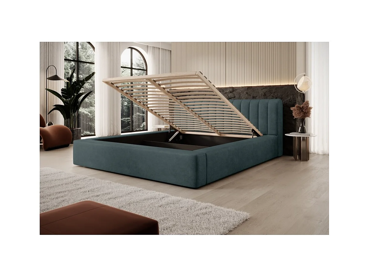 Cama baú CERVIN – Veludo suave Noite Esmeralda – 160x200 cm – Estrado elevatório – Design elegante
