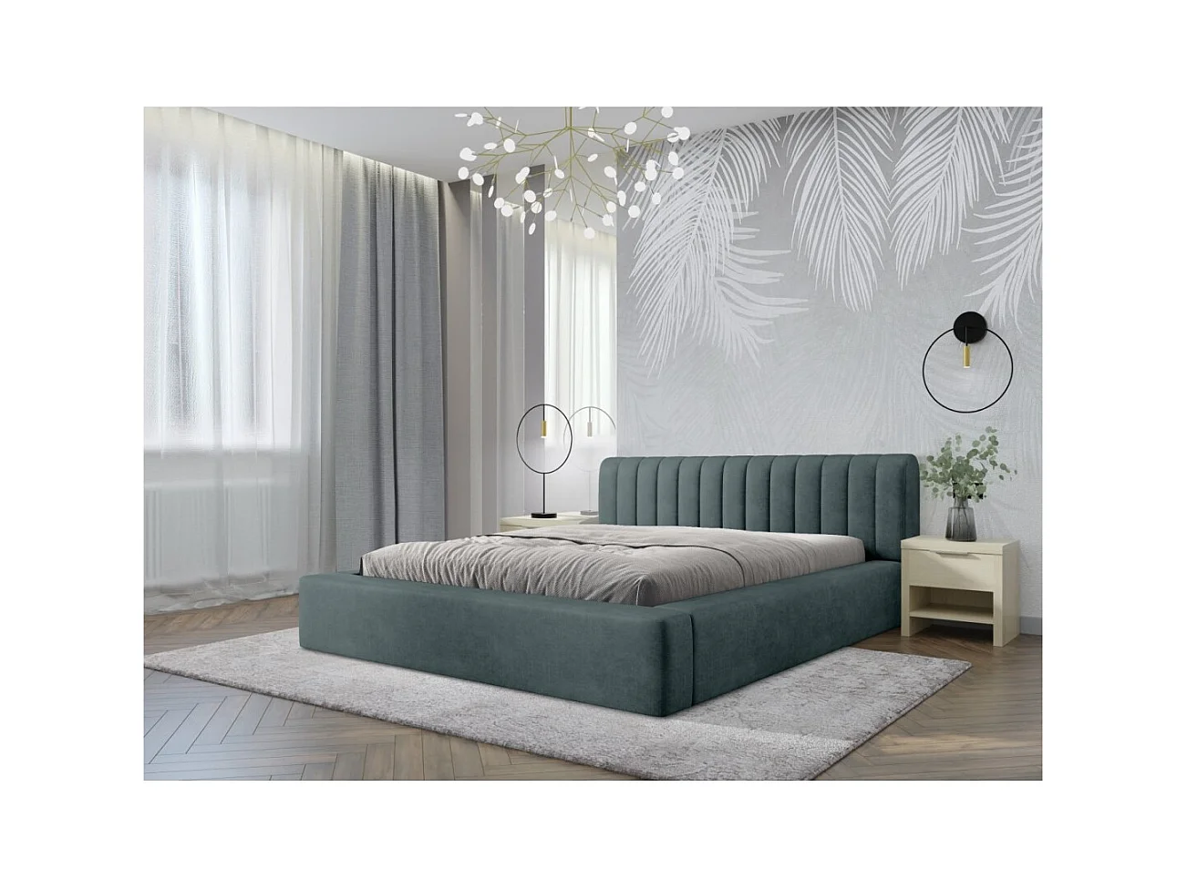 Cama baú CERVIN – Veludo suave Noite Esmeralda – 160x200 cm – Estrado elevatório – Design elegante