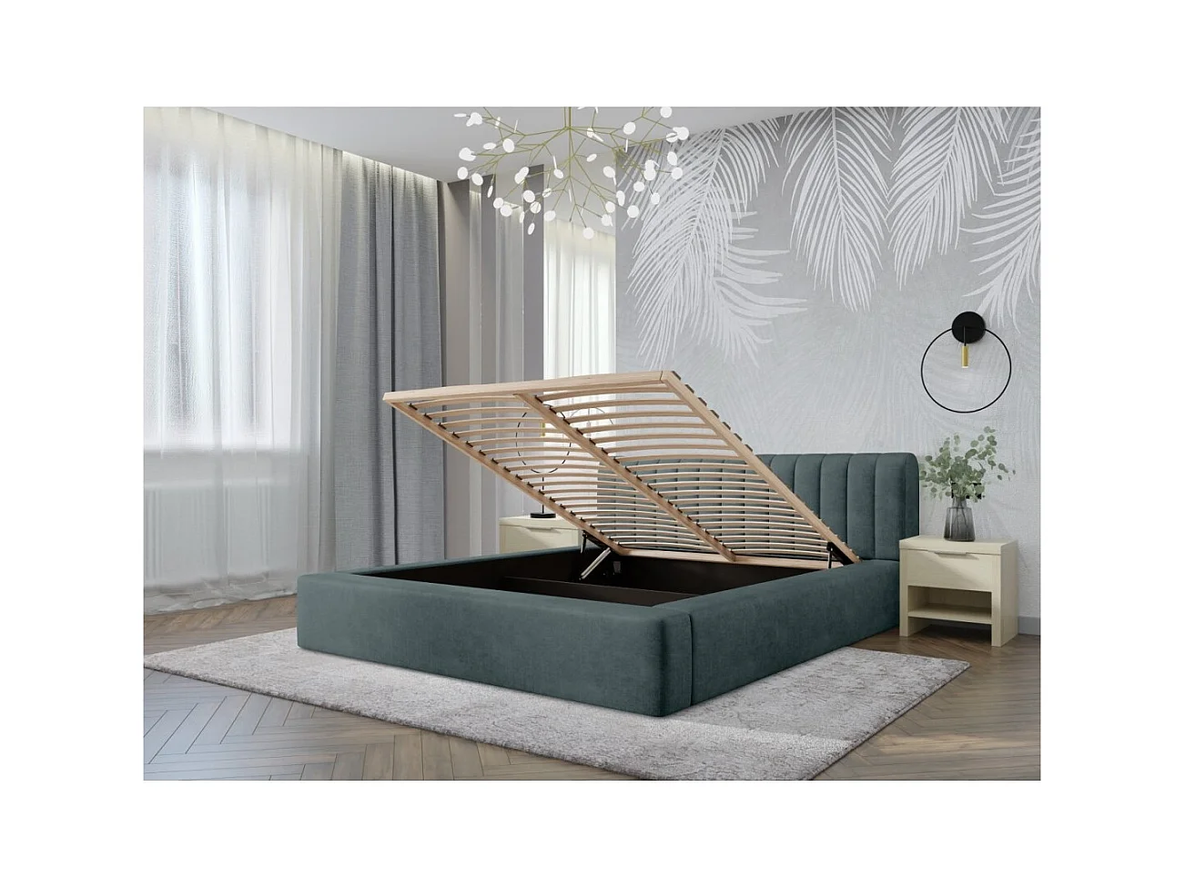 Cama baú CERVIN – Veludo suave Noite Esmeralda – 160x200 cm – Estrado elevatório – Design elegante