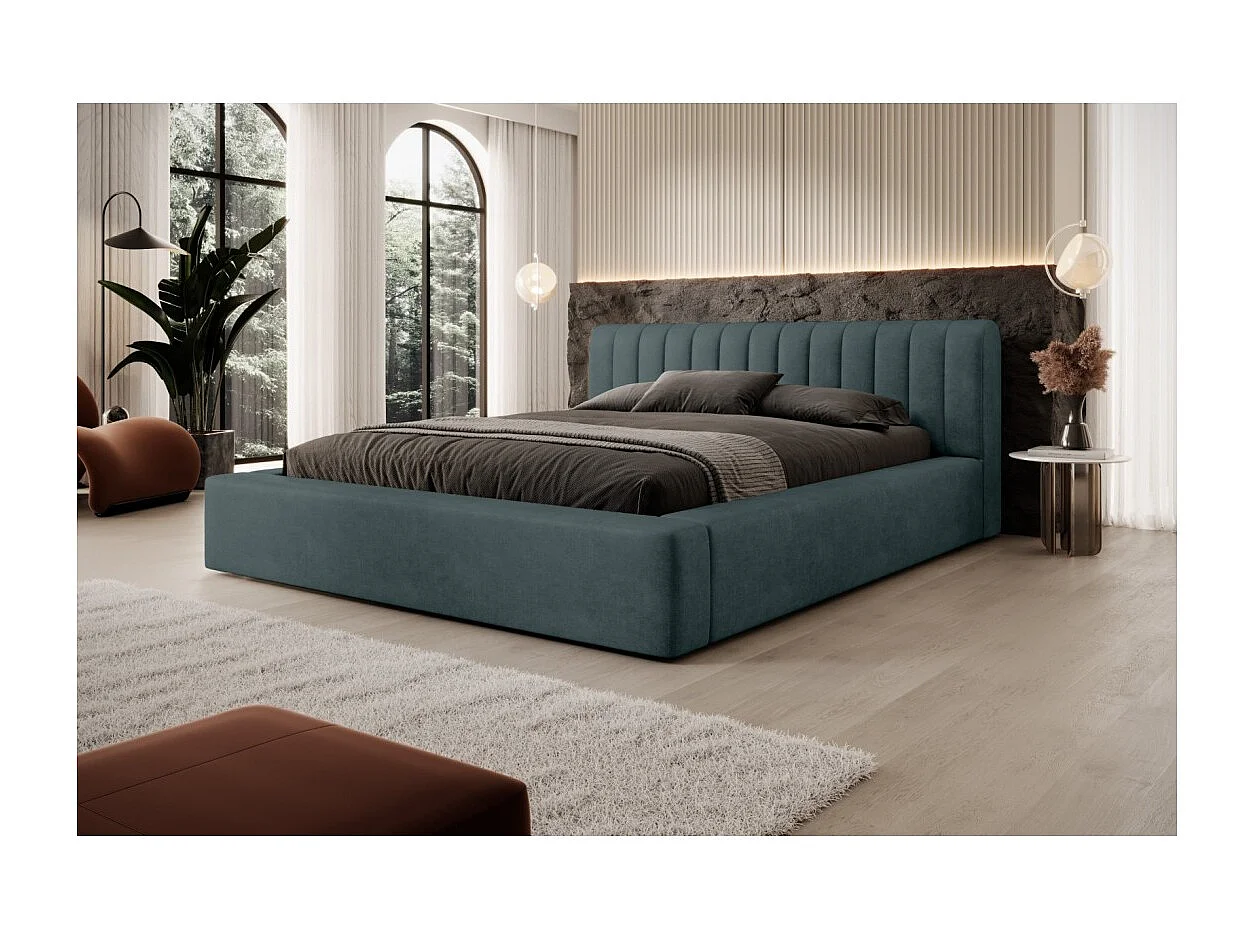 Cama baú CERVIN – Veludo suave Noite Esmeralda – 160x200 cm – Estrado elevatório – Design elegante