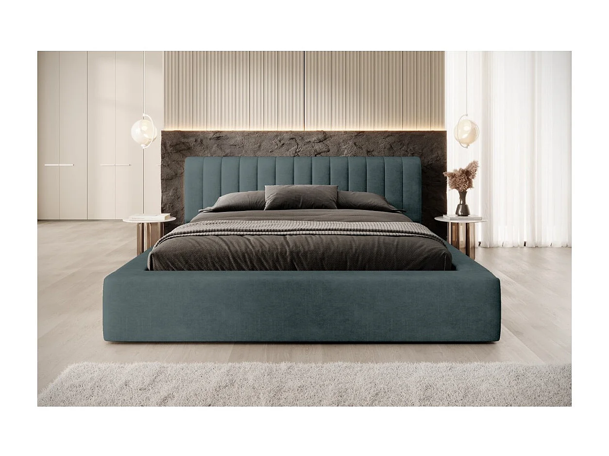 Cama baú CERVIN – Veludo suave Noite Esmeralda – 160x200 cm – Estrado elevatório – Design elegante