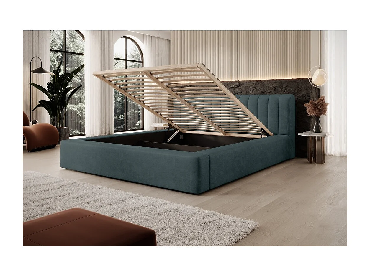 Cama baú CERVIN – Veludo suave Noite Esmeralda – 160x200 cm – Estrado elevatório – Design elegante