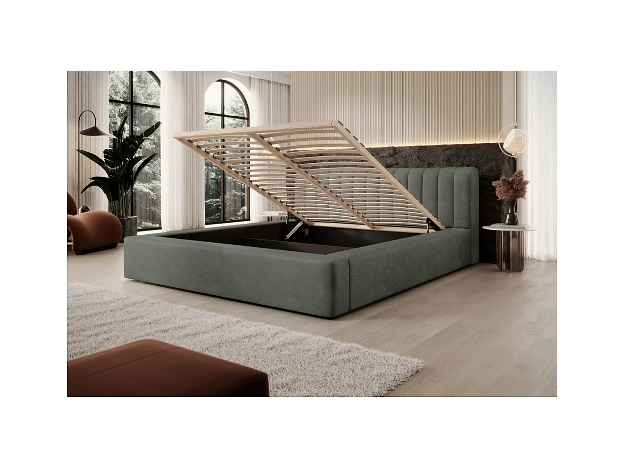 Lit coffre CERVIN – Velours doux Sauge Nocturne – 180x200 cm – Sommier relevable – Design élégant