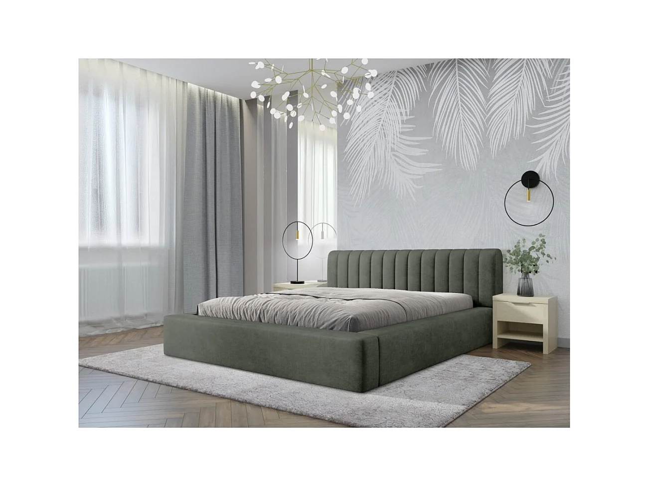 Lit coffre CERVIN – Velours doux Sauge Nocturne – 180x200 cm – Sommier relevable – Design élégant