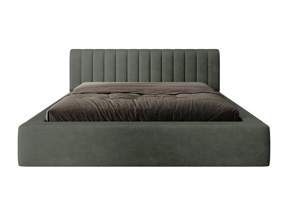 Cama baú CERVIN – Veludo macio Sálvia Noturna – 180x200 cm – Estrado elevatório – Design elegante