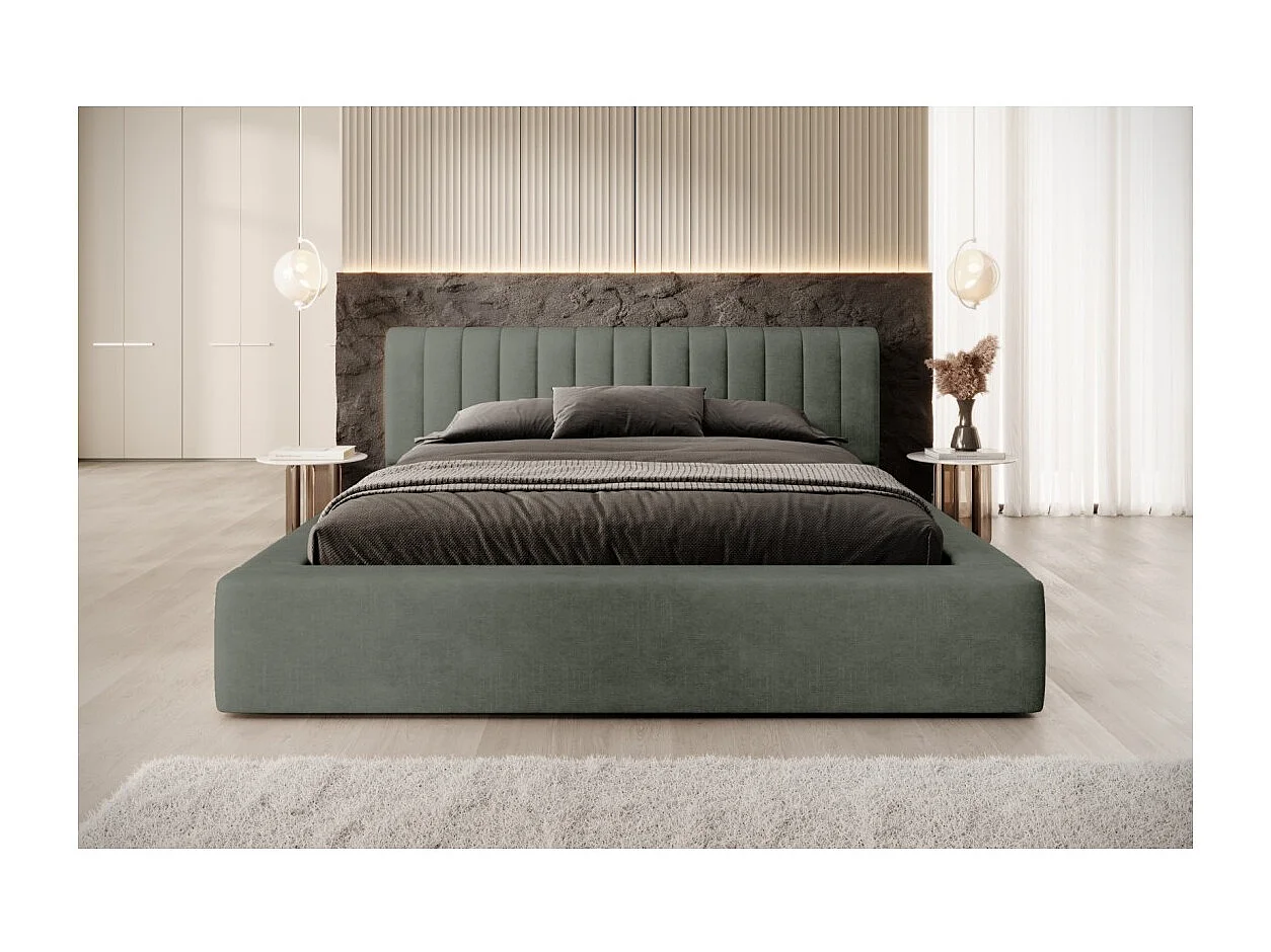 Cama baú CERVIN – Veludo macio Sálvia Noturna – 180x200 cm – Estrado elevatório – Design elegante