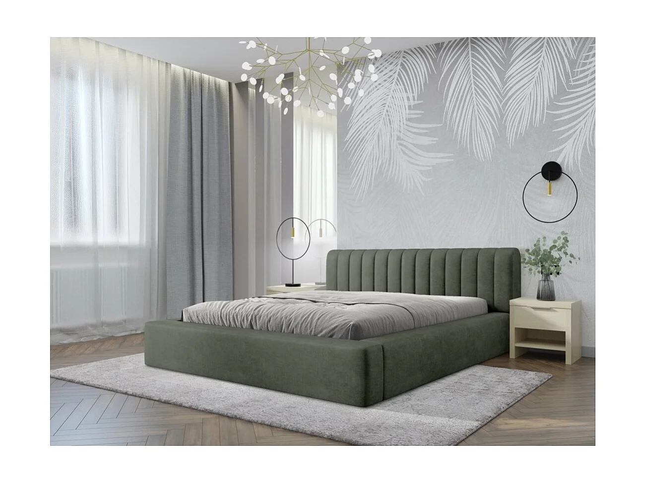 Cama baú CERVIN – Veludo macio Sálvia Noturna – 180x200 cm – Estrado elevatório – Design elegante