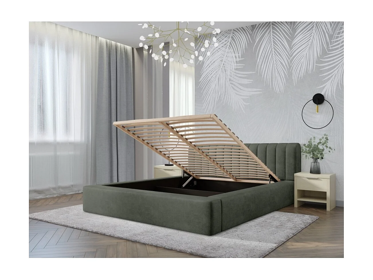 Cama baú CERVIN – Veludo macio Sálvia Noturna – 180x200 cm – Estrado elevatório – Design elegante