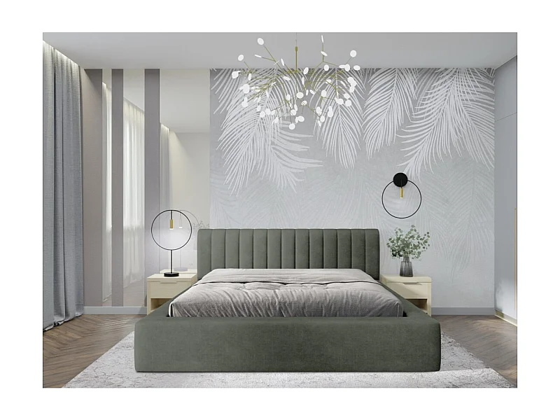 Cama baú CERVIN – Veludo macio Sálvia Noturna – 180x200 cm – Estrado elevatório – Design elegante