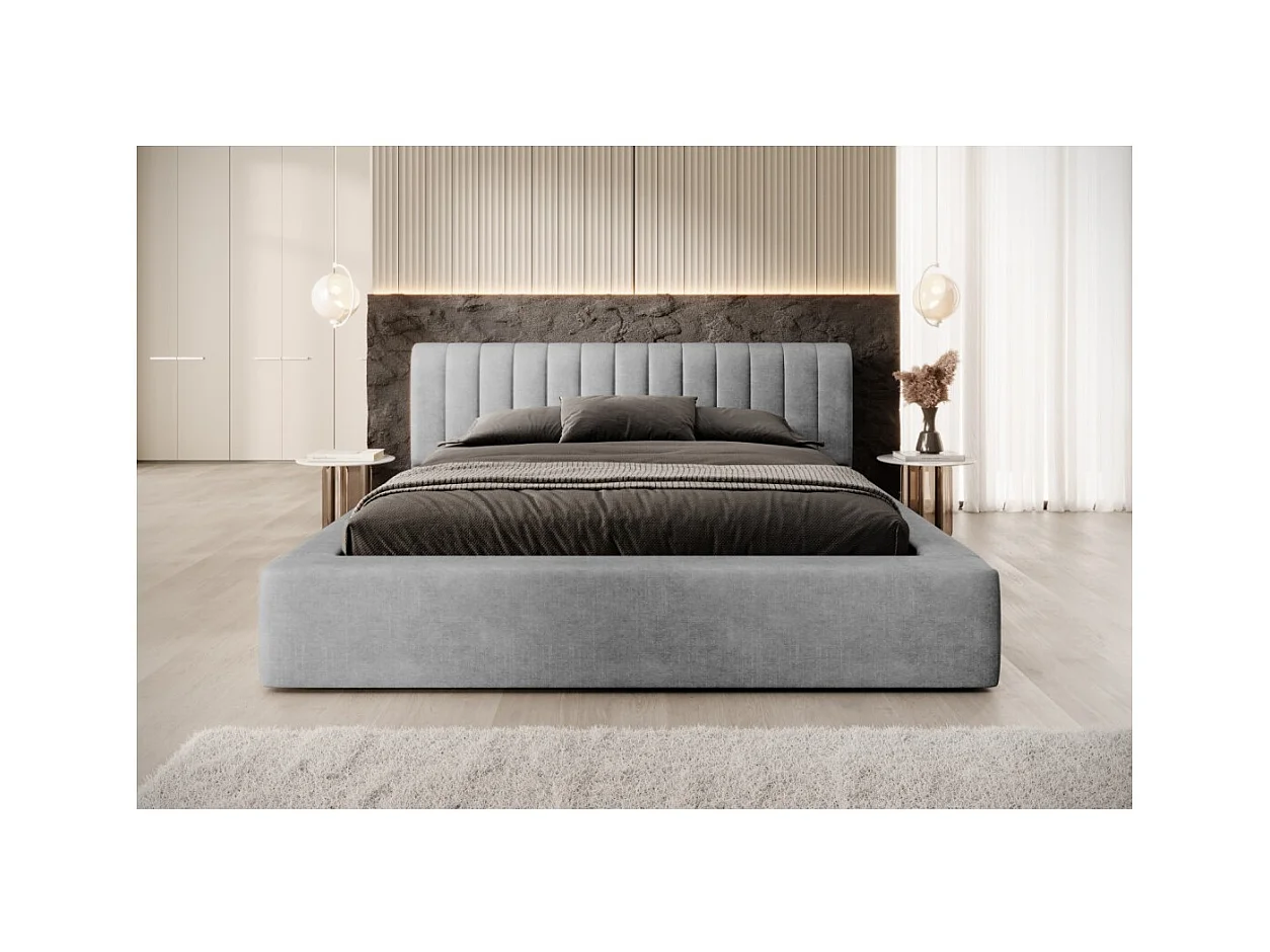 Cama baú CERVIN – Veludo suave Nácar de concreto – 180x200 cm – Estrado elevatório – Design contemporâneo