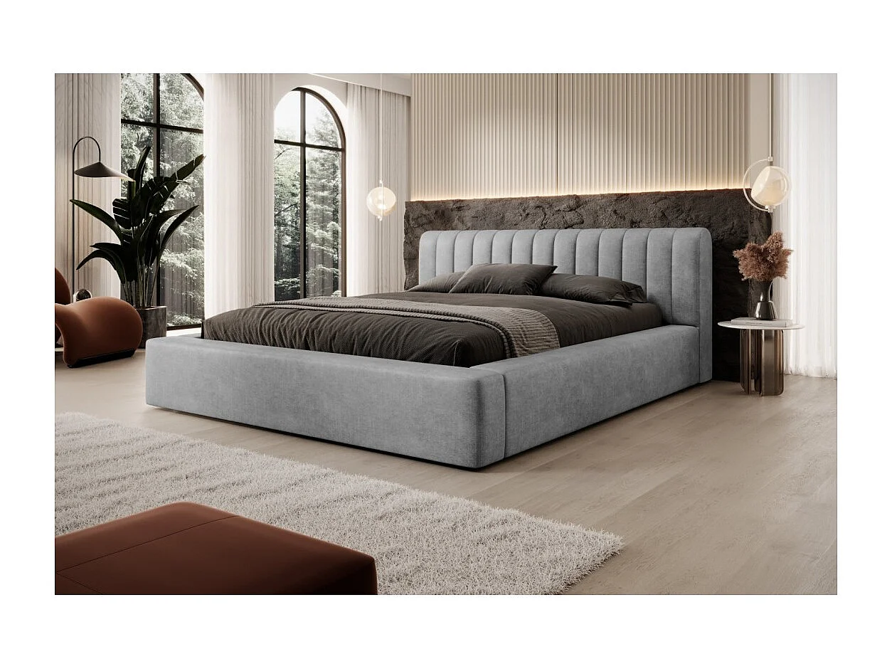 Cama baú CERVIN – Veludo suave Nácar de concreto – 180x200 cm – Estrado elevatório – Design contemporâneo