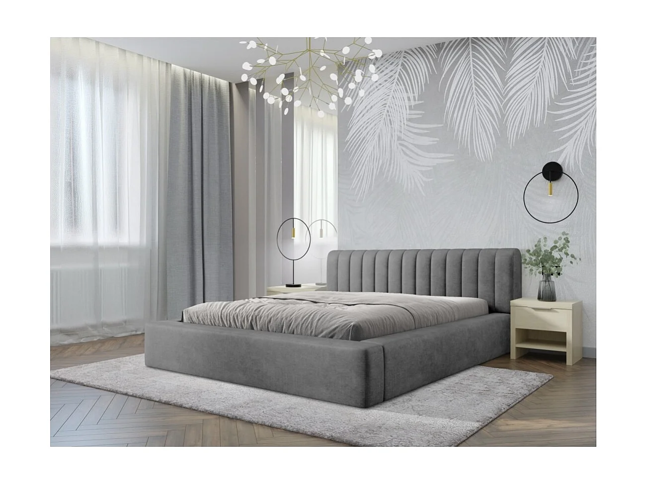 Lit coffre CERVIN – Velours doux Nacre de béton – 180x200 cm – Sommier relevable – Design contemporain