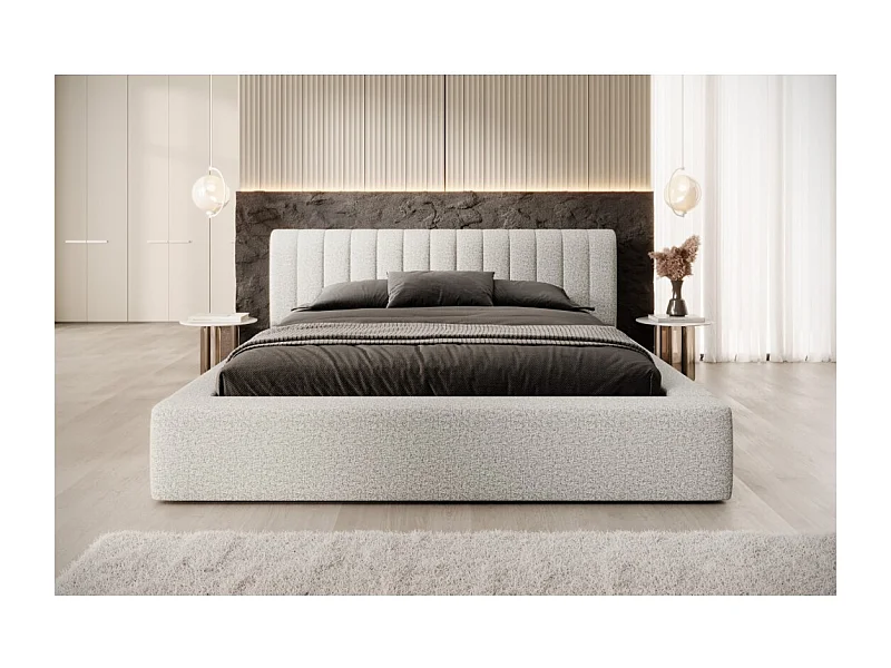 Cama baú CERVIN – Nuvem areia encaracolada – 140x200 cm – Estrado elevatório – Design de alta qualidade