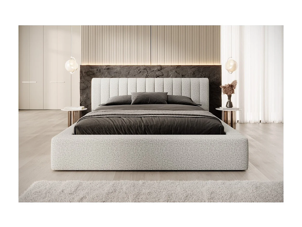 Cama con canapé CERVIN – Nube arenosa rizada – 140x200 cm – Somier elevable – Diseño de alta gama