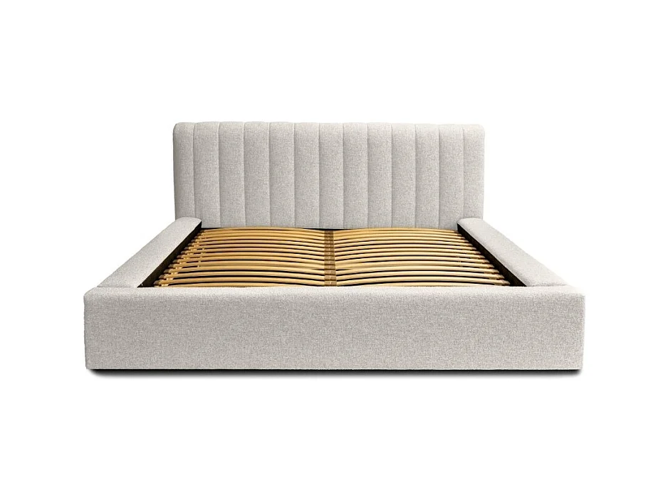 Lit coffre CERVIN – Tissu bouclé Nuage sablé – 180x200 cm – Sommier relevable – Design contemporain