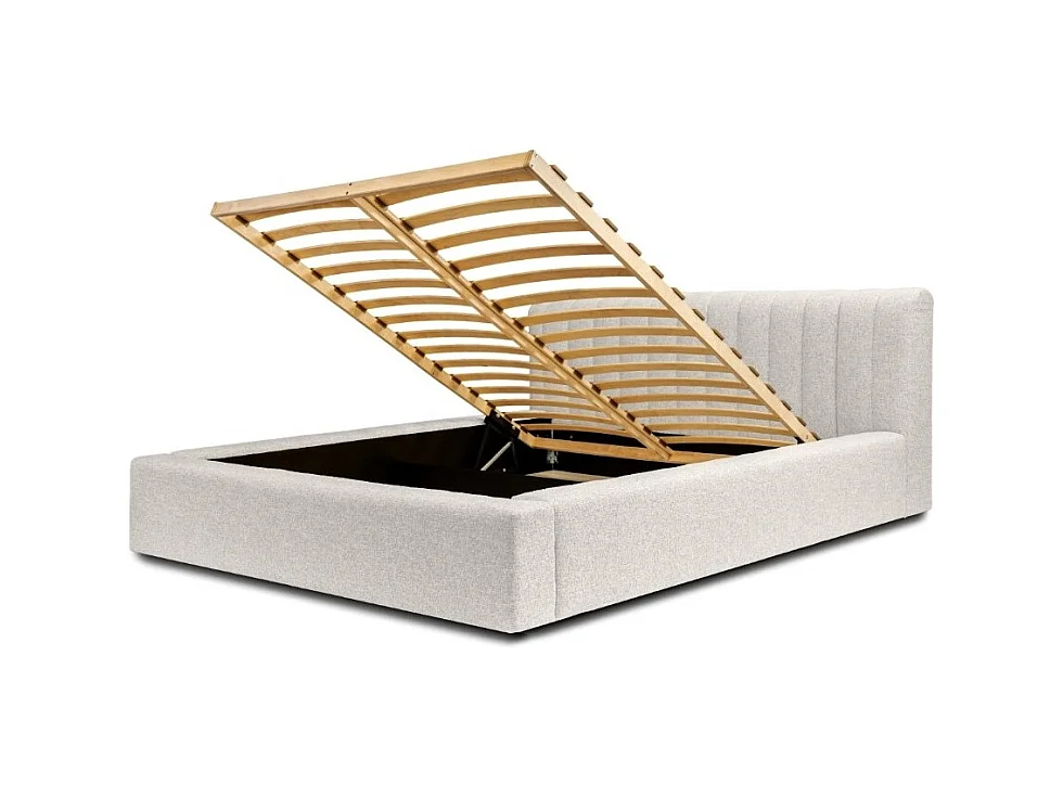 Lit coffre CERVIN – Tissu bouclé Nuage sablé – 180x200 cm – Sommier relevable – Design contemporain