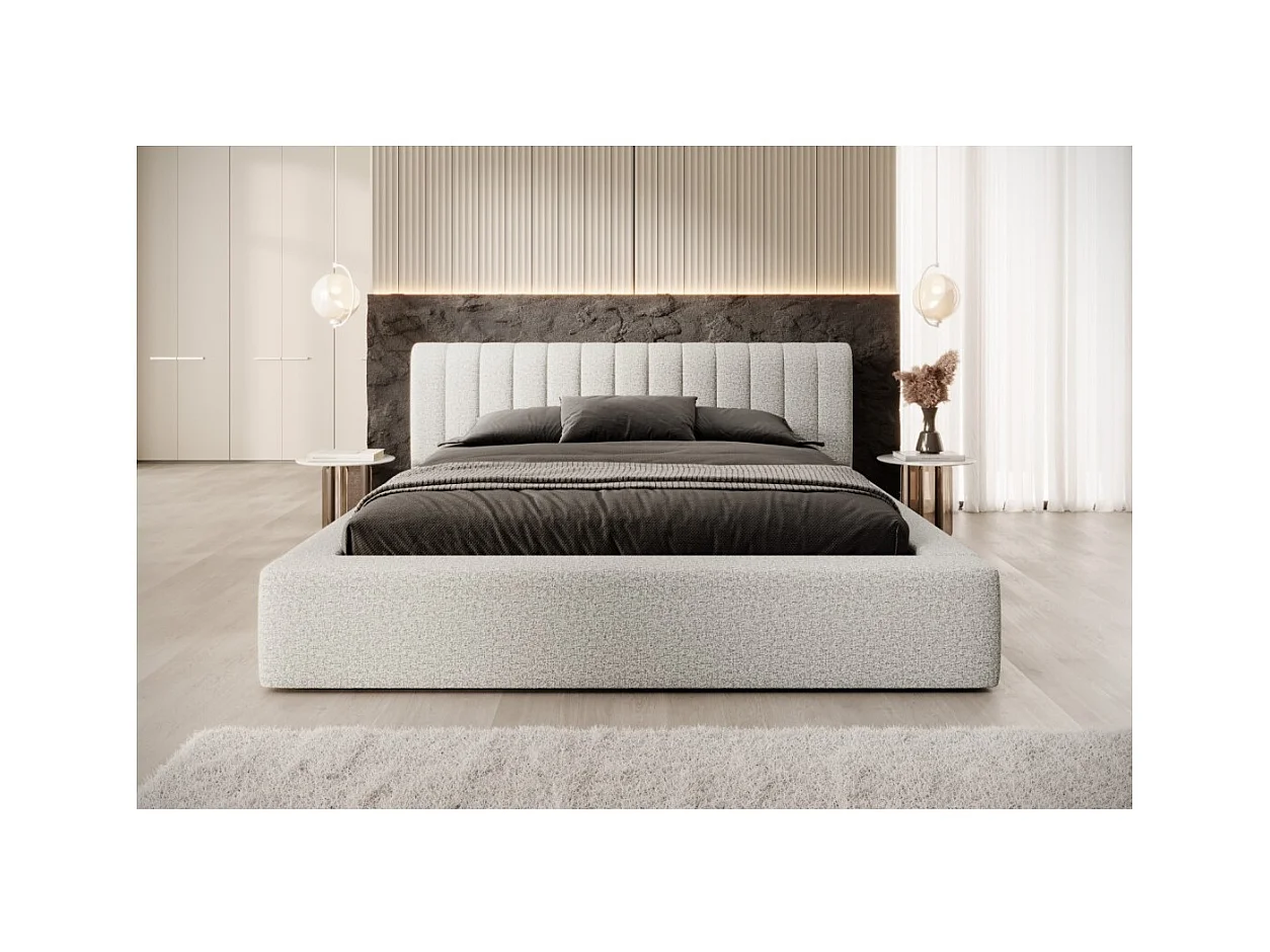 Lit coffre CERVIN – Tissu bouclé Nuage sablé – 180x200 cm – Sommier relevable – Design contemporain