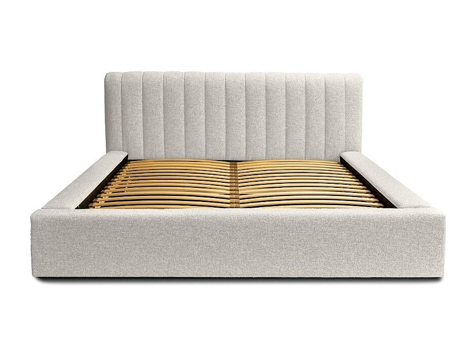 Cama baú CERVIN – Tecido bouclé Nuvem areia – 180x200 cm – Estrado elevatório – Design contemporâneo