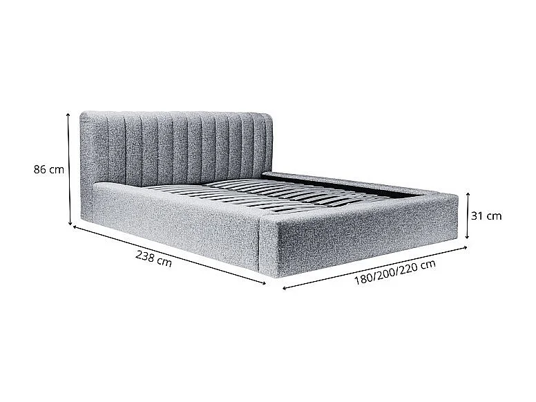 Cama baú CERVIN – Tecido bouclé Nuvem areia – 180x200 cm – Estrado elevatório – Design contemporâneo