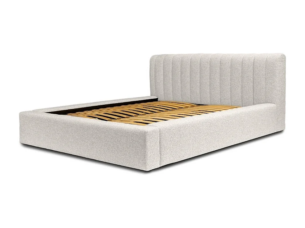Cama baú CERVIN – Tecido bouclé Nuvem areia – 180x200 cm – Estrado elevatório – Design contemporâneo