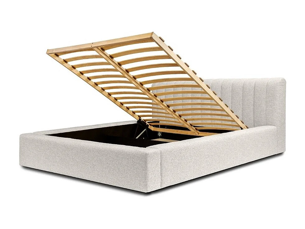 Cama baú CERVIN – Tecido bouclé Nuvem areia – 180x200 cm – Estrado elevatório – Design contemporâneo