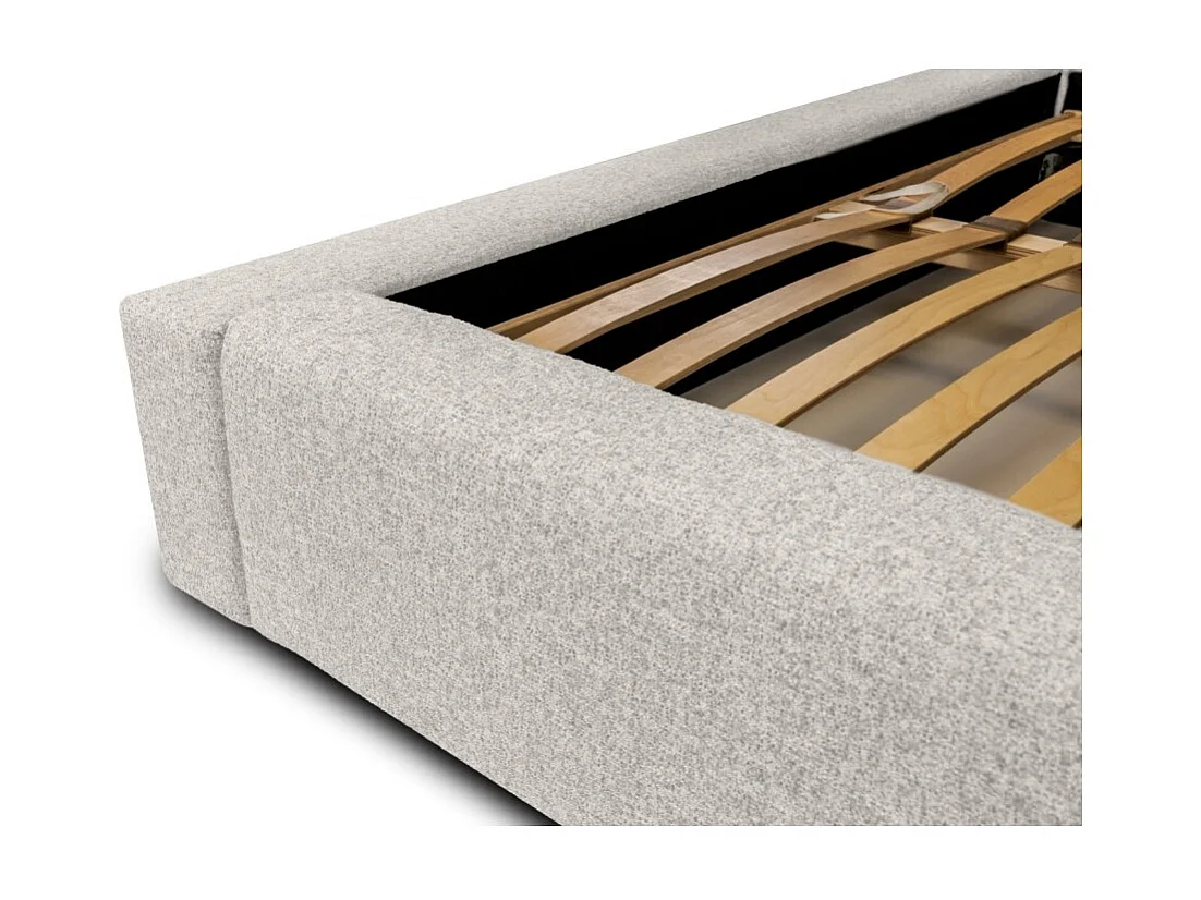 Cama baú CERVIN – Tecido bouclé Nuvem areia – 180x200 cm – Estrado elevatório – Design contemporâneo