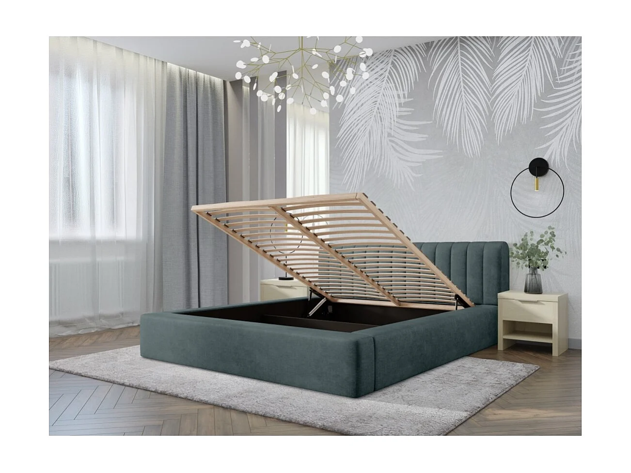 Cama baú CERVIN – Veludo suave Noite Esmeralda – 180x200 cm – Estrado elevatório – Design elegante