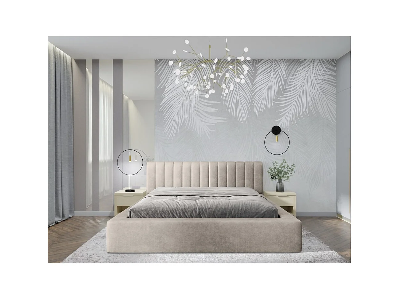 Lit coffre CERVIN – Velours doux Lin naturel – 160x200 cm – Sommier relevable – Design élégant