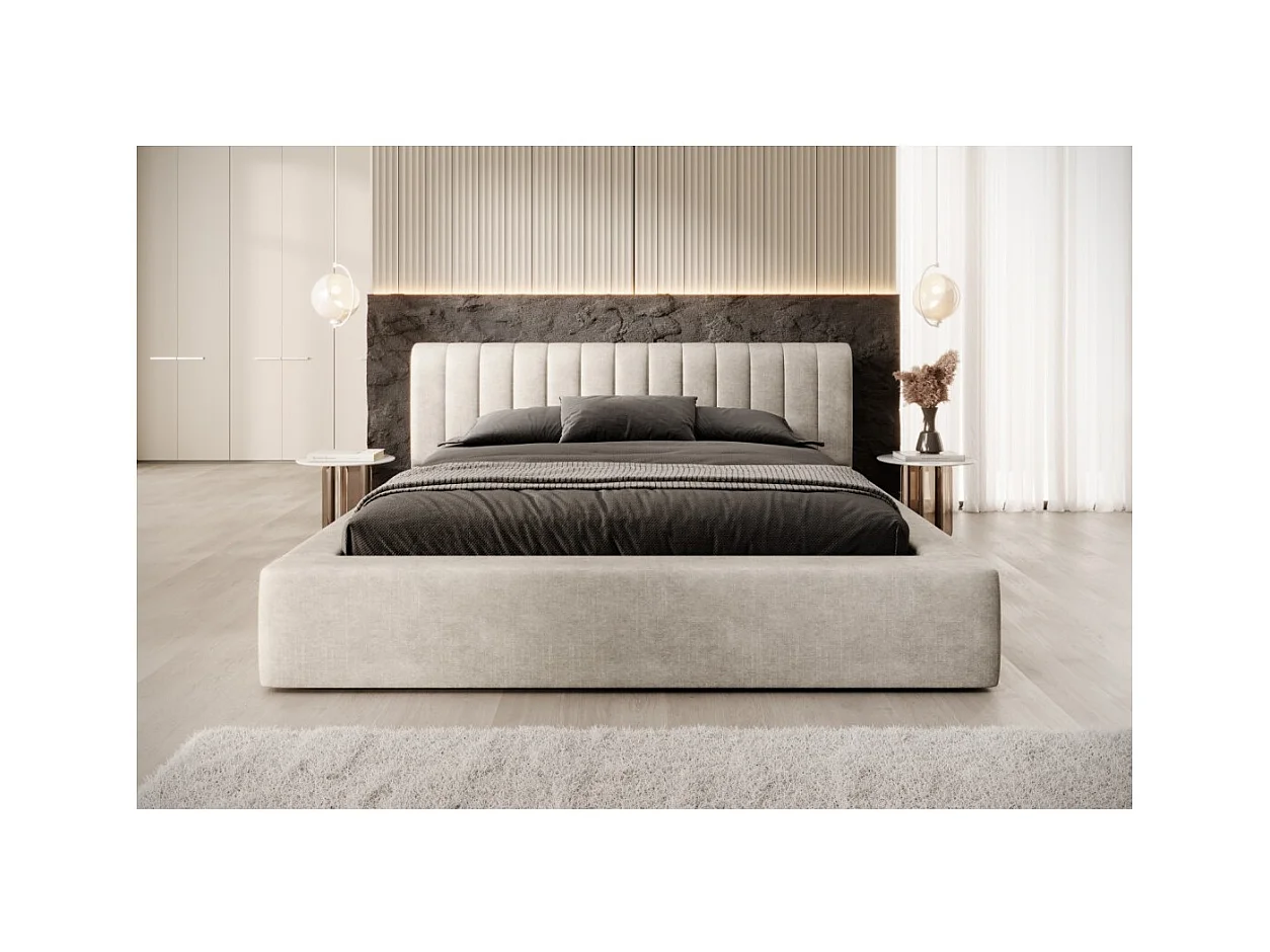 Lit coffre CERVIN – Velours doux Lin naturel – 160x200 cm – Sommier relevable – Design élégant