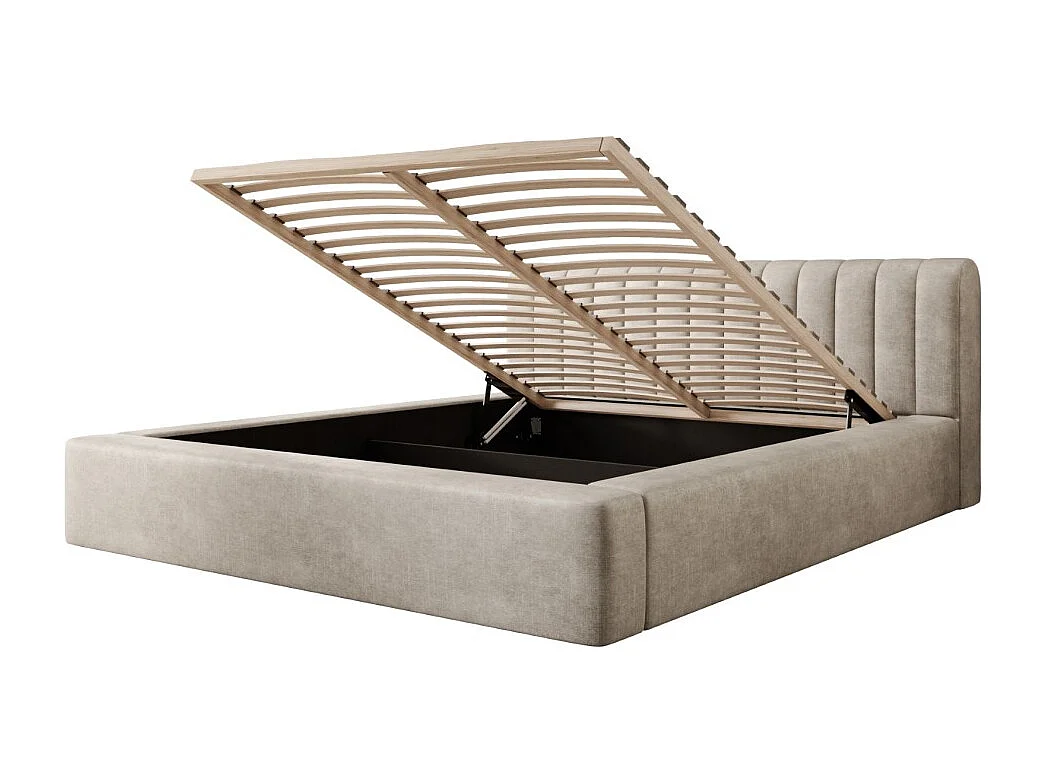 Lit coffre CERVIN – Veludo macio Linho natural – 160x200 cm – Estrado elevatório – Design elegante