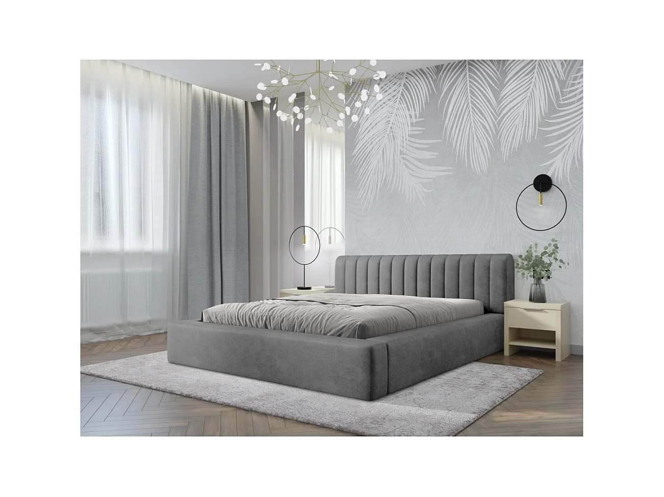 Cama con canapé CERVIN – Terciopelo suave Perla de hormigón – 140x200 cm – Somier elevable – Diseño contemporáneo