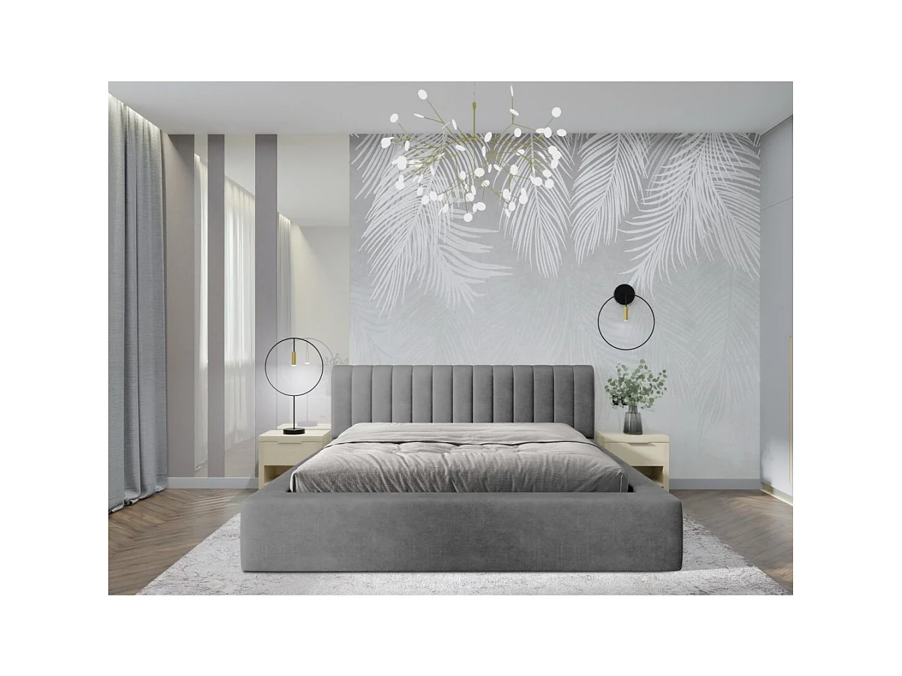 Cama con canapé CERVIN – Terciopelo suave Perla de hormigón – 140x200 cm – Somier elevable – Diseño contemporáneo