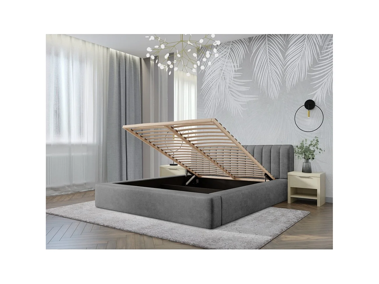 Cama con canapé CERVIN – Terciopelo suave Perla de hormigón – 140x200 cm – Somier elevable – Diseño contemporáneo