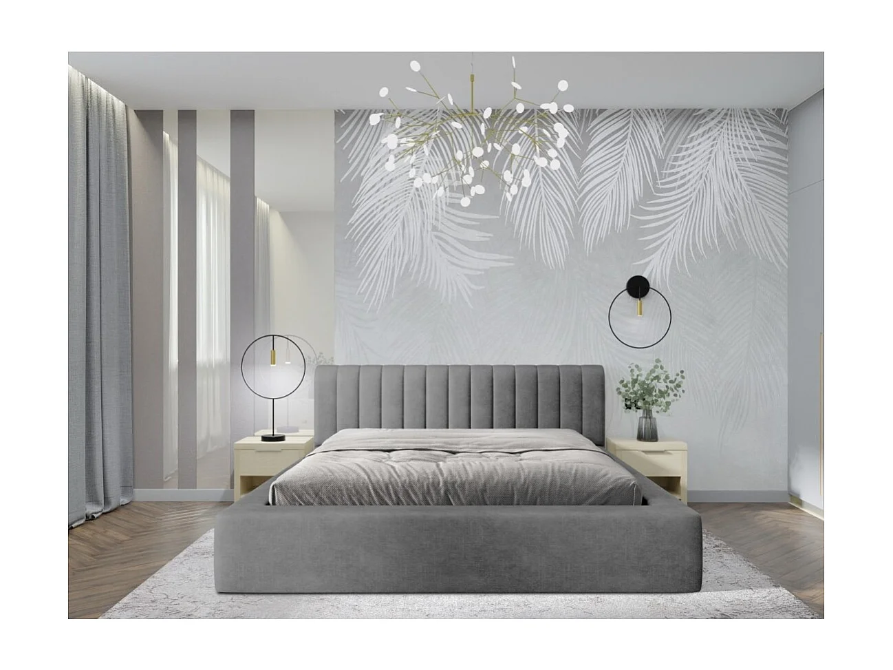 Lit coffre CERVIN – Velours doux Nacre de béton – 140x200 cm – Sommier relevable – Design contemporain