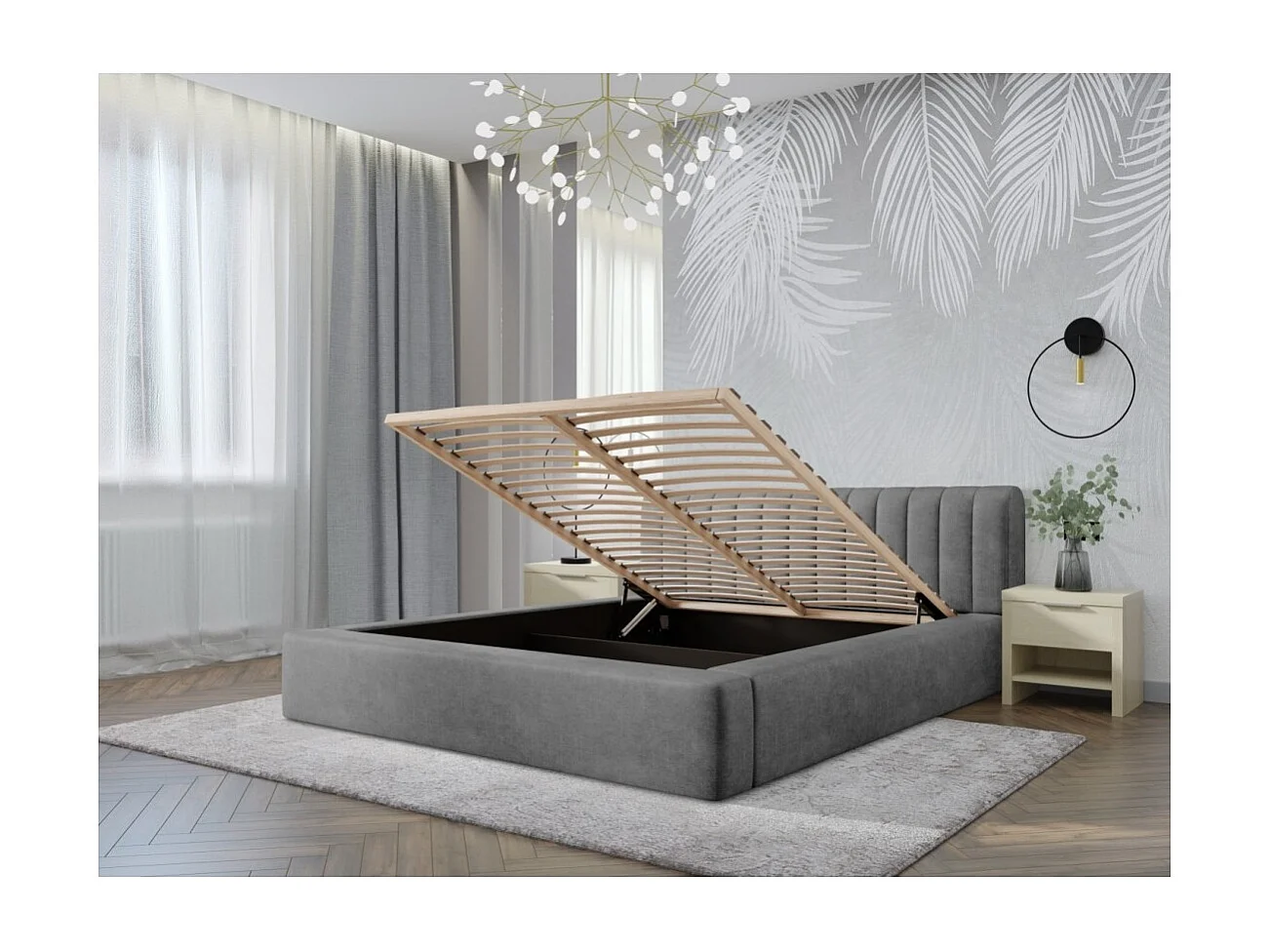 Lit coffre CERVIN – Velours doux Nacre de béton – 140x200 cm – Sommier relevable – Design contemporain