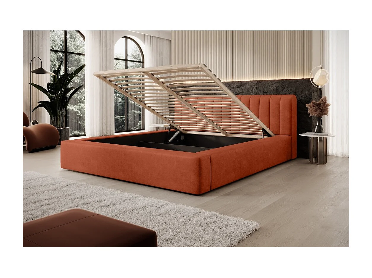 Lit coffre CERVIN – Velours doux Brique Toscane – 140x200 cm – Sommier relevable – Design élégant