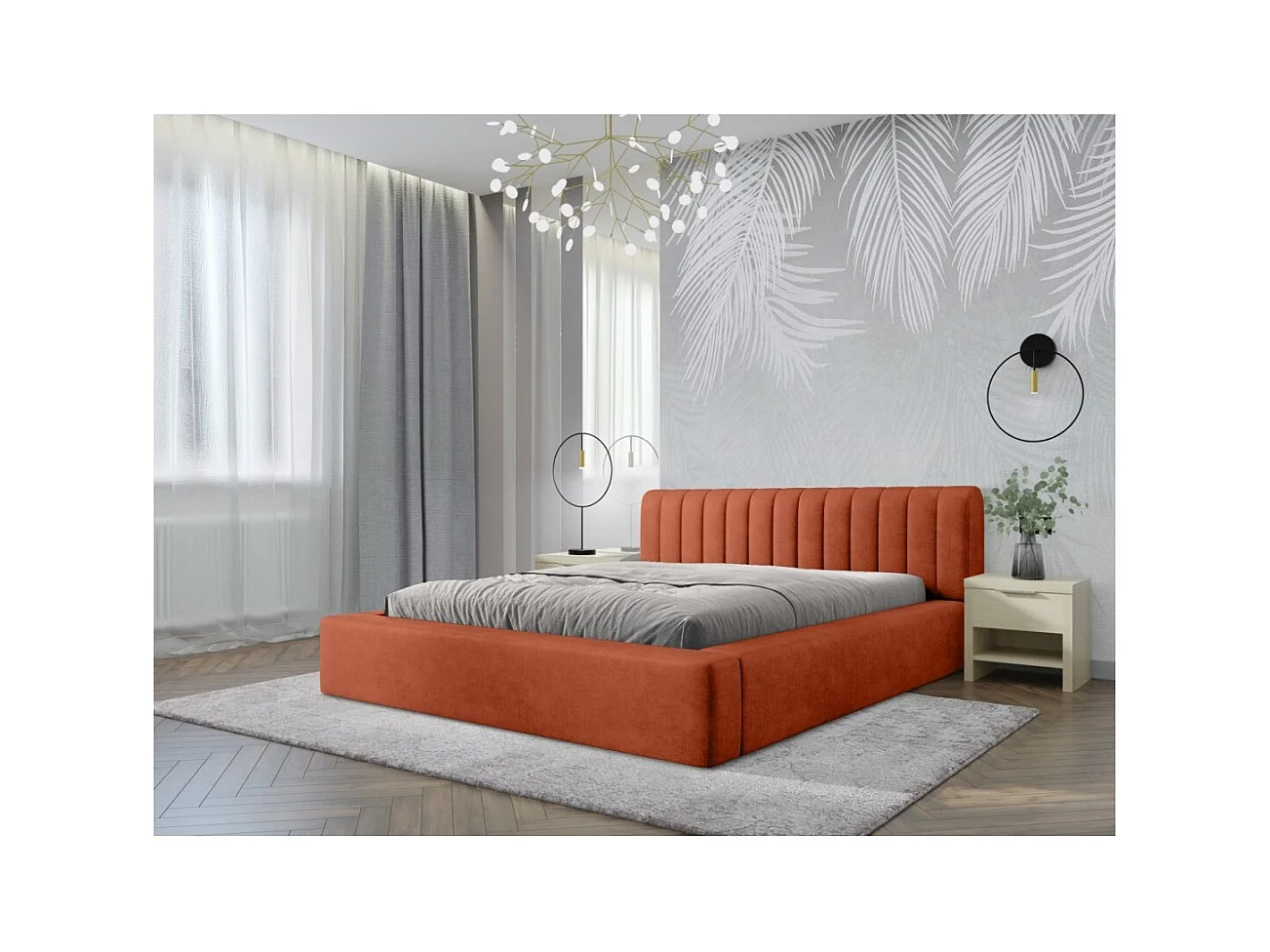 Lit coffre CERVIN – Velours doux Brique Toscane – 140x200 cm – Sommier relevable – Design élégant