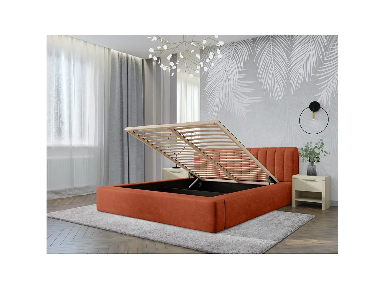 Lit coffre CERVIN – Velours doux Brique Toscane – 140x200 cm – Sommier relevable – Design élégant