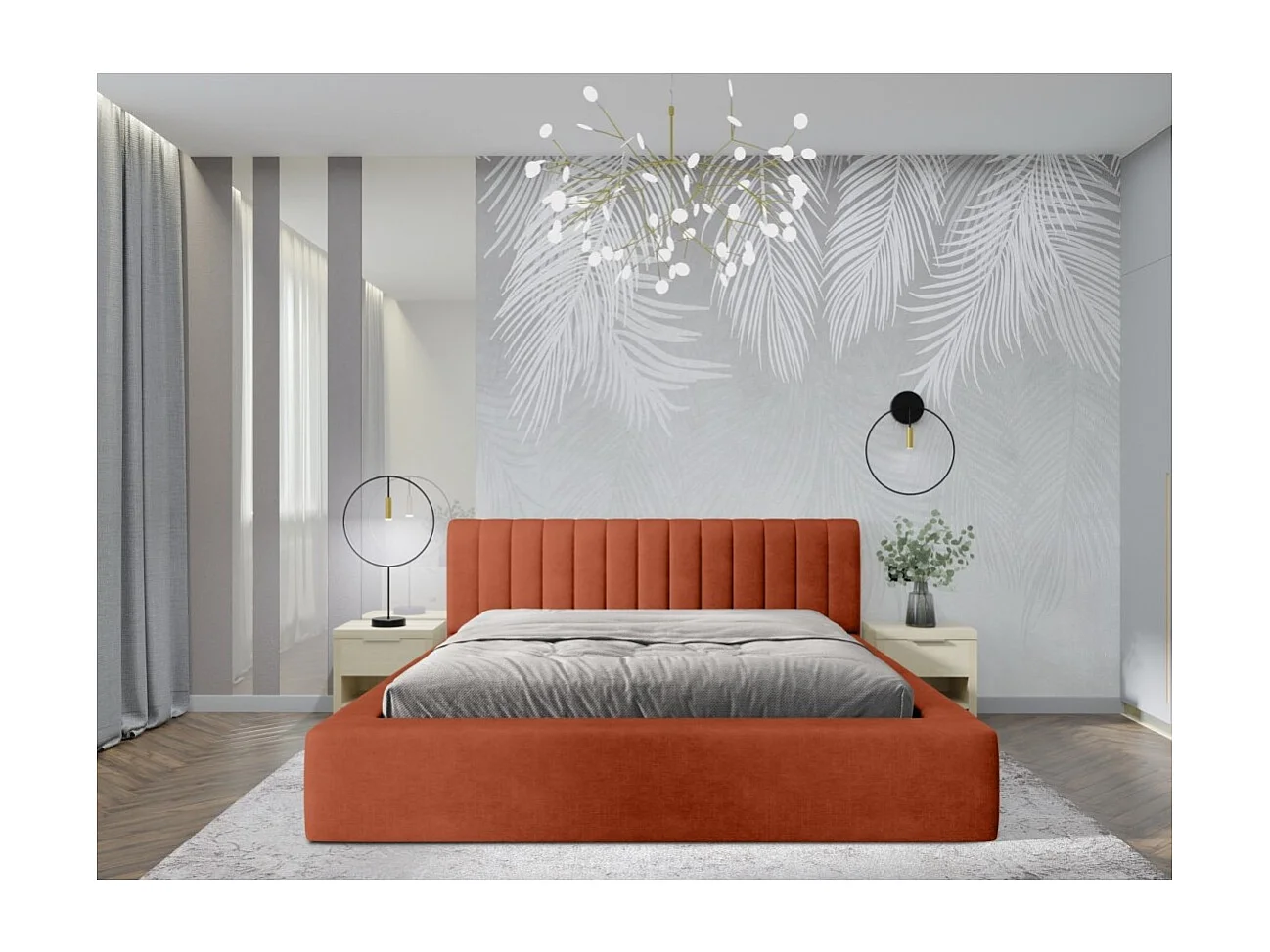 Cama baú CERVIN – Veludo macio Tijolo Toscana – 140x200 cm – Estrado elevável – Design elegante