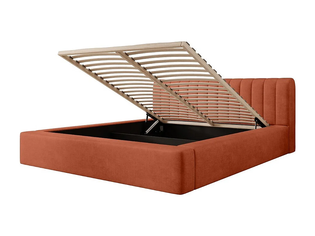 Cama baú CERVIN – Veludo macio Tijolo Toscana – 140x200 cm – Estrado elevável – Design elegante