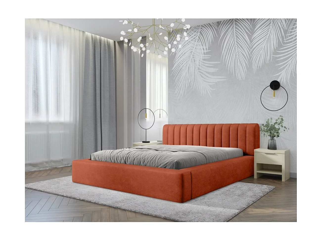 Cama baú CERVIN – Veludo macio Tijolo Toscana – 140x200 cm – Estrado elevável – Design elegante