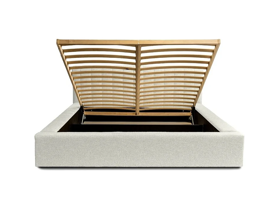 Cama baú CERVIN – Linho Cinza Natural Encaracolado – 180x200 cm – Estrado Elevatório – Design de Alta Qualidade