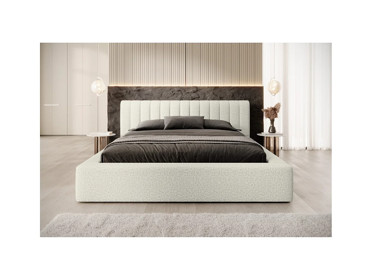 Lit coffre CERVIN – Gris Lin naturel bouclé – 180x200 cm – Sommier relevable – Design haut de gamme